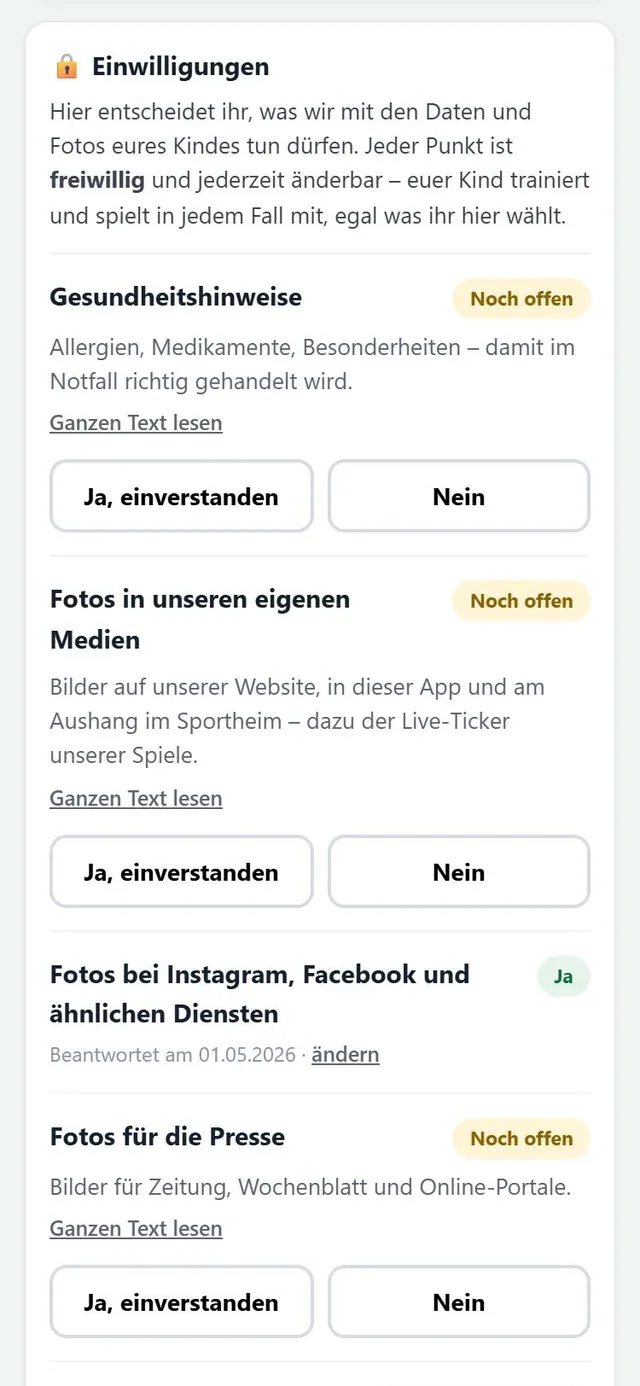 Elternansicht Einwilligungen: je Zweck wie Gesundheitshinweise, Fotos in Vereinsmedien oder Presse ein eigener Knopf für Ja oder Nein.