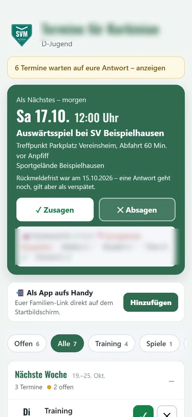 Elternansicht über den Familien-Link: Auswärtsspiel am Samstag mit Treffpunkt und Knöpfen für Zusage und Absage. Namen sind verpixelt.