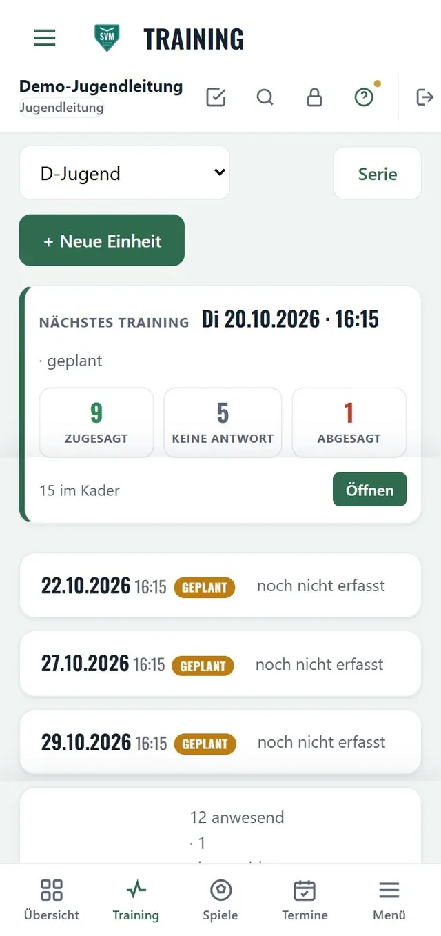 Bildschirm Training im Demo-Verein: nächstes Training der D-Jugend mit 9 Zusagen, 5 ohne Antwort und 1 Absage.