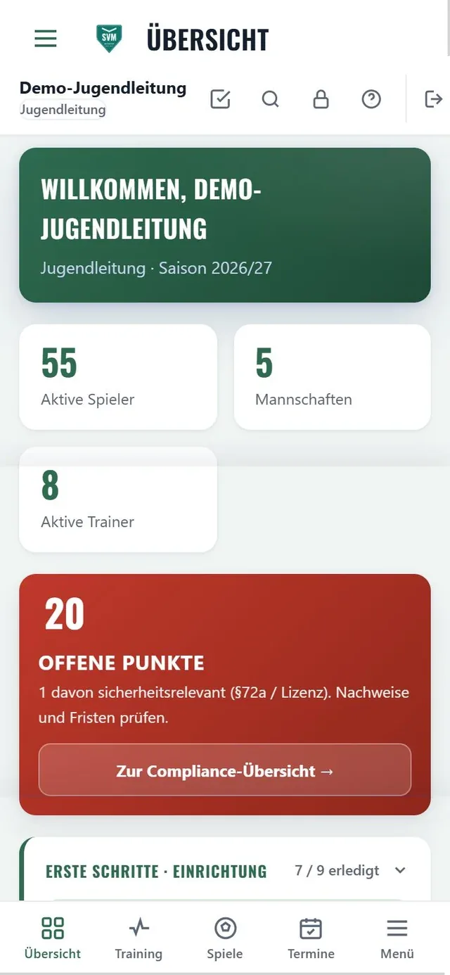 Startseite für die Jugendleitung im Demo-Verein: 55 aktive Spieler, 5 Mannschaften, 8 Trainer und ein roter Hinweis auf 20 offene Punkte.